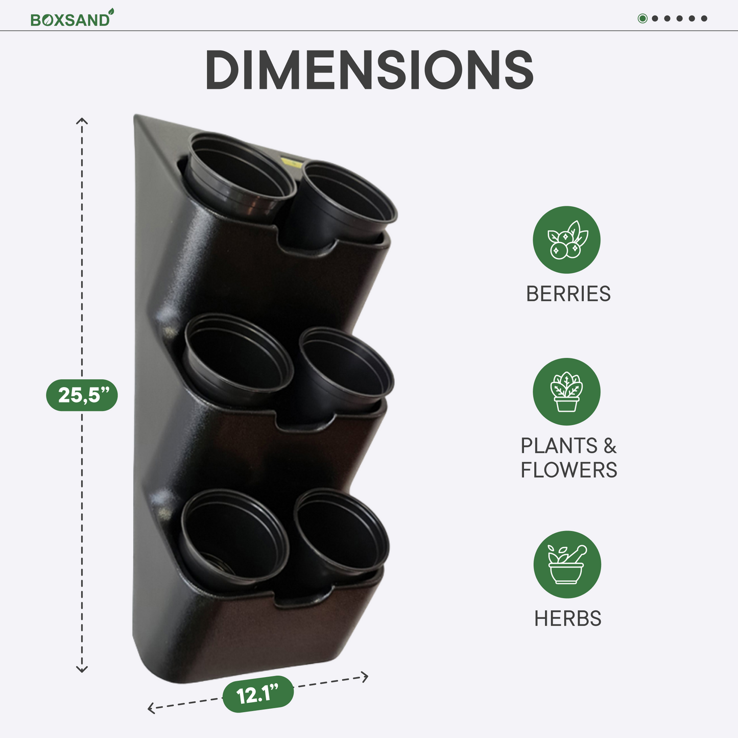 BOXSAND-6 Vertical Planter (12"x26") for 6 Plants Black Color + Round Black Pots