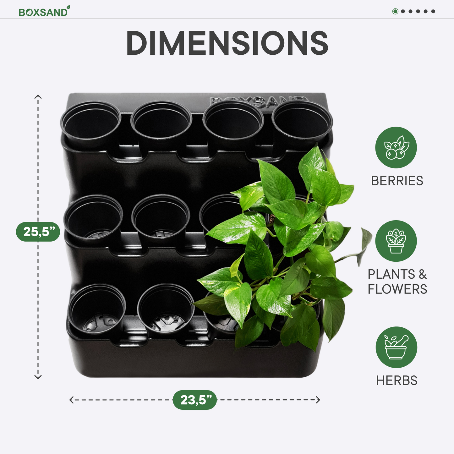 BOXSAND-12 Vertical Planter (24"x26") - 12 Plants Black Color + Round Black Pots