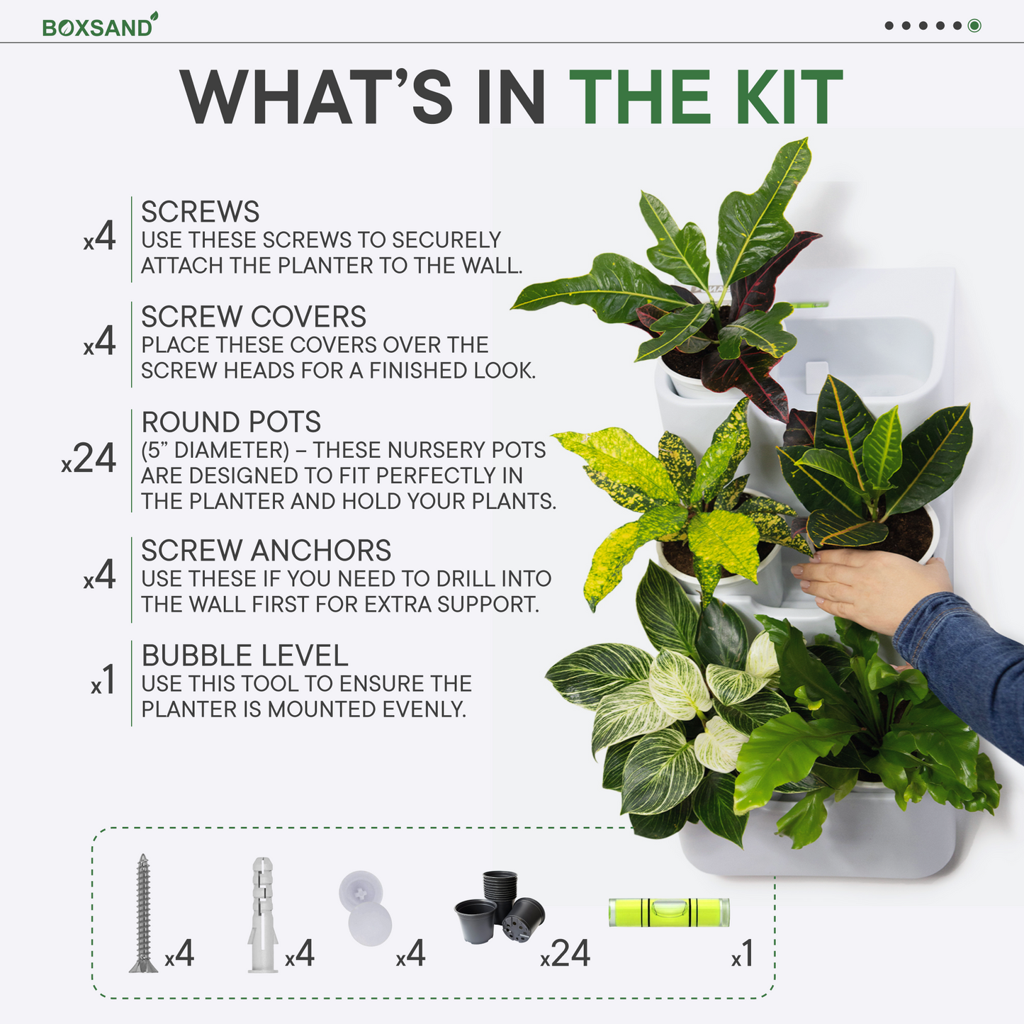 BOXSAND-24 Wall Planter, Living Wall (24"x50") - 24 Plants (White) + Black Round Pots