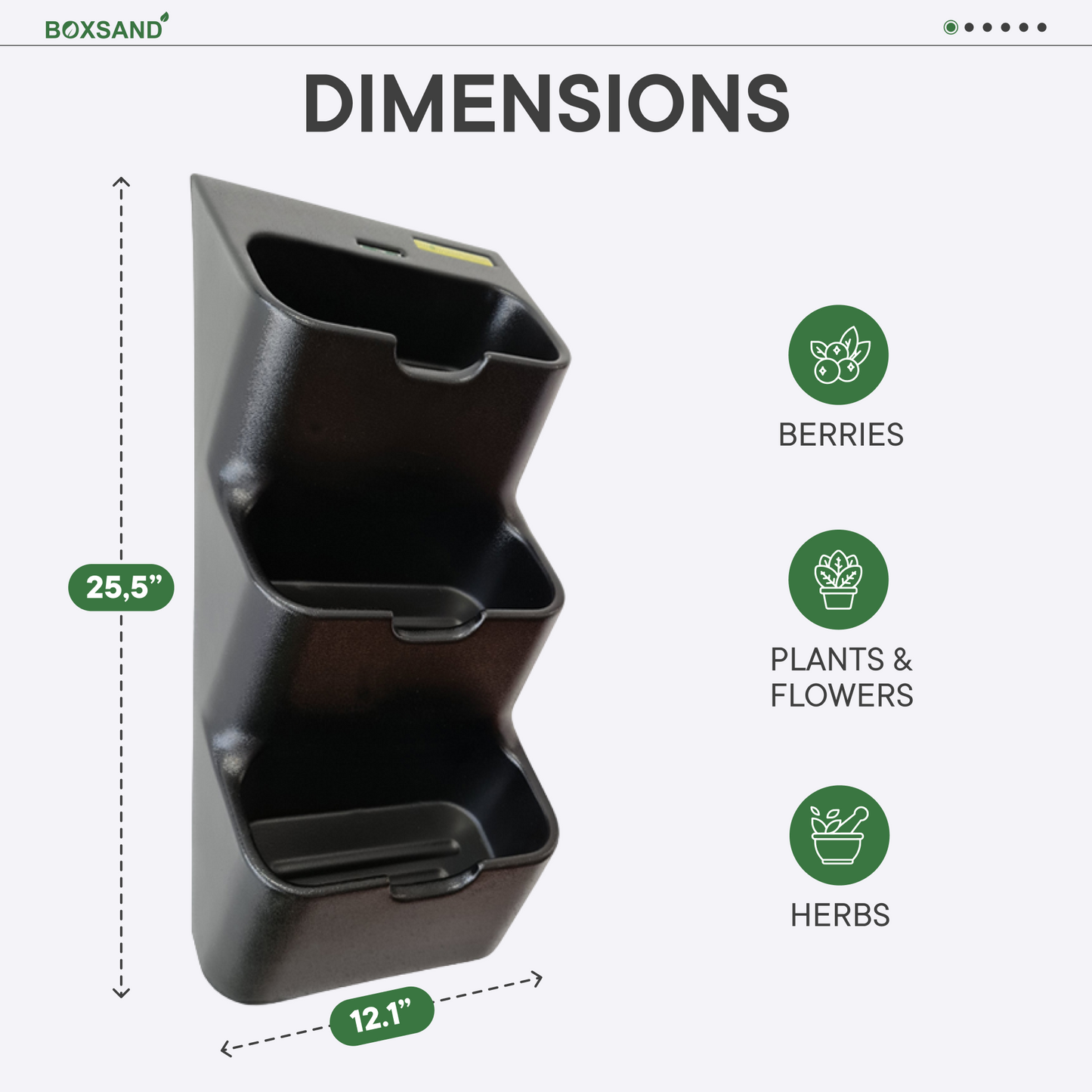 BOXSAND-6 Vertical Planter (12"x26") - 6 Plants, Black Color + Square Black Pots