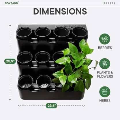 BOXSAND-12 Vertical Planter (24"x26") - 12 Plants Black Color + Round Black Pots