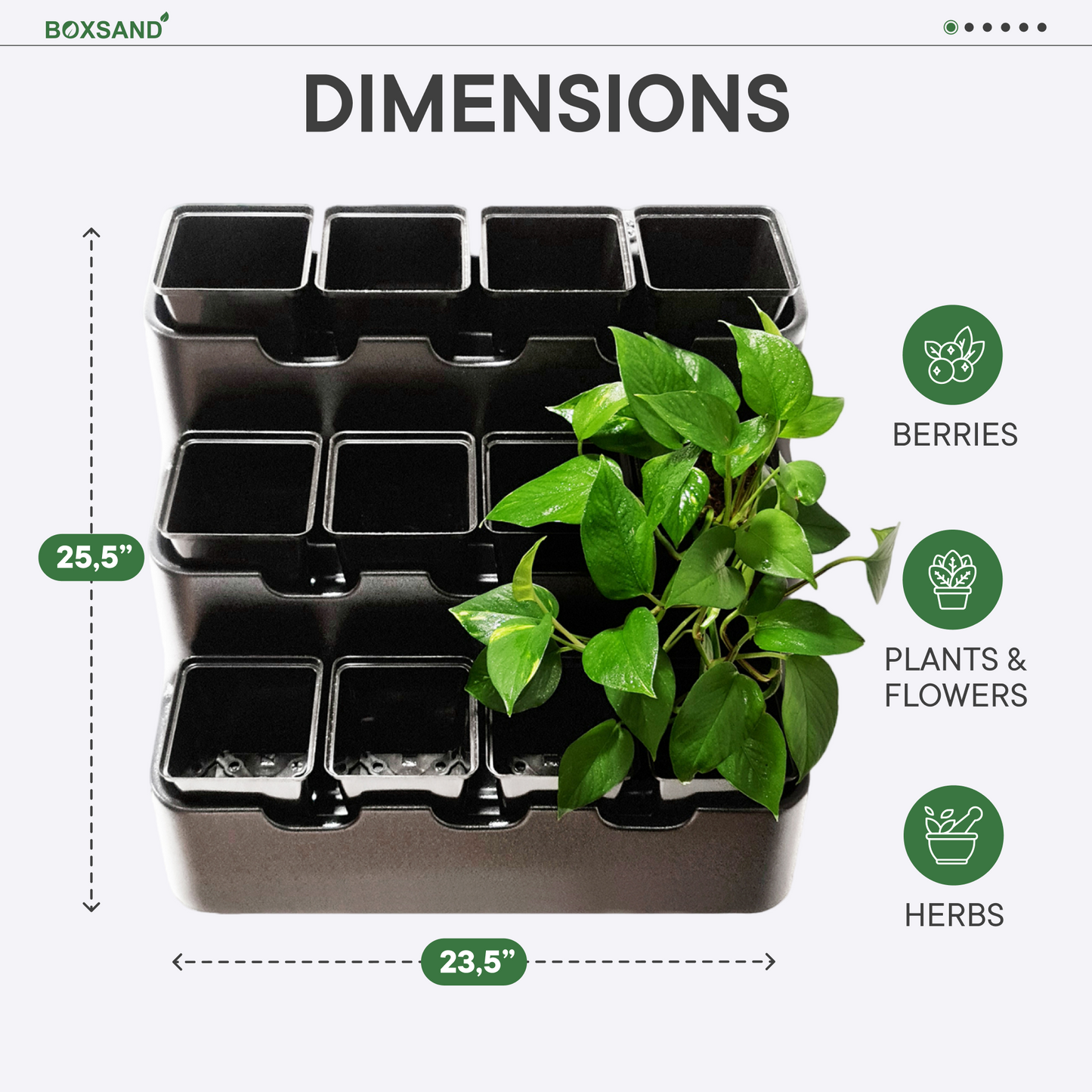 BOXSAND-12 Vertical Planter (24"x26") - 12 Plants, Black Color + Square Black Pots
