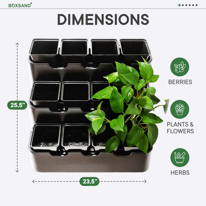 BOXSAND-12 Vertical Planter (24"x26") - 12 Plants, Black Color + Square Black Pots
