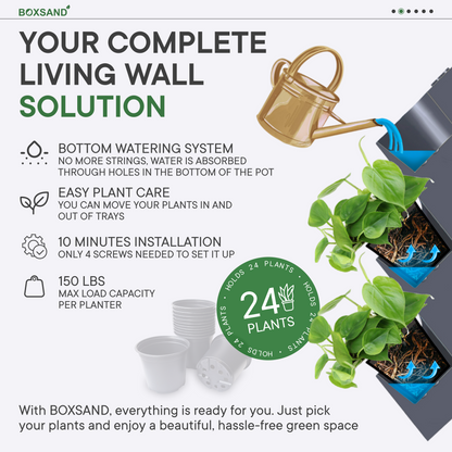 BOXSAND-24 Wall Planter, Living Wall (24"x50") - 24 Plants (White) + Black Round Pots